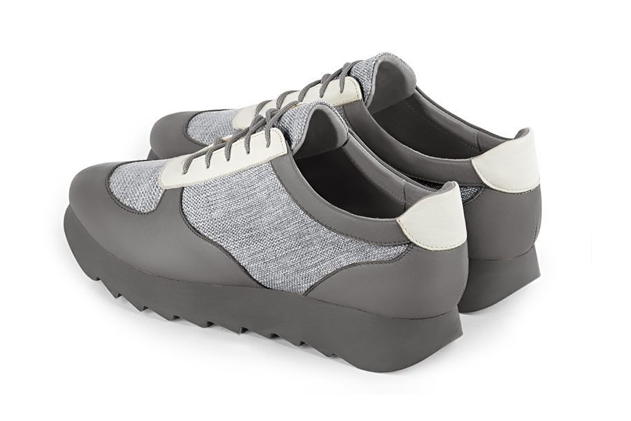 Ash grey and off white women's three-tone elegant sneakers. Round toe. Low rubber soles. Rear view - Florence KOOIJMAN